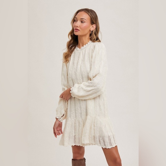 Dazy Dresses & Skirts - Dazy Ivory Ruffle Trimmed Puff Sleeve Mock Neck Dress Size Small